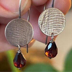 Elegant Silver and Garnet Drop Earrings - Unique Etched Design